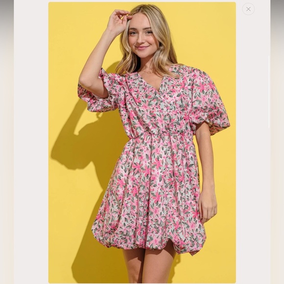 And The Why Floral Surplice Puff Sleeve Dress, Pink - Picture 4 of 13